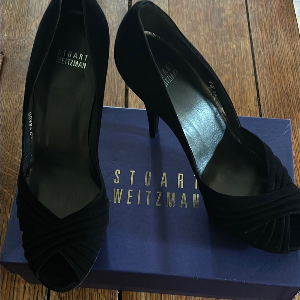 Stuart Weitzman Black Peep-Toe Heels
